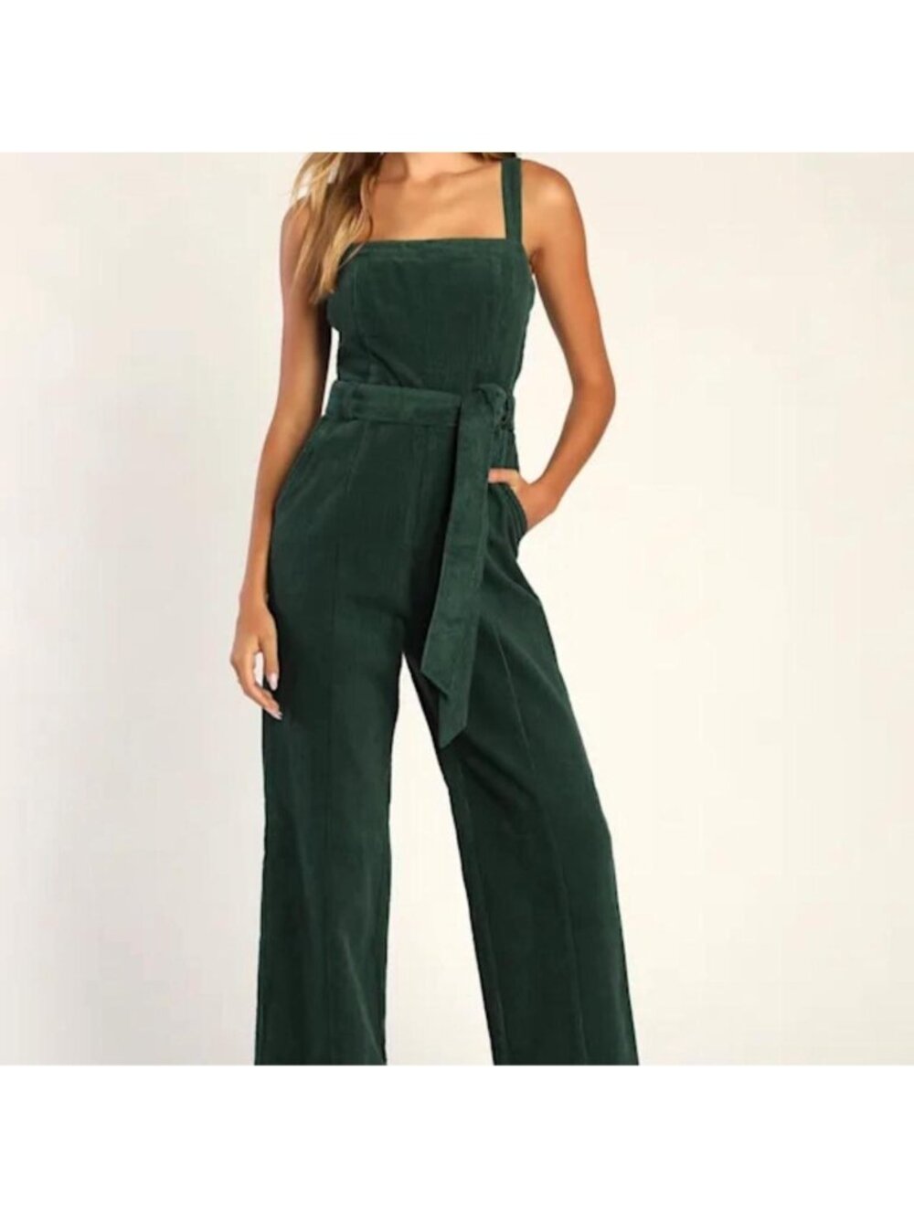 Lulus green corduroy jumpsuit w pockets and tie waist Size M #corduroy #jumpsuit